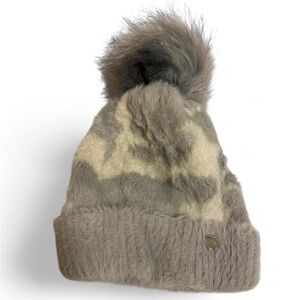 Fuzzy Grey Leopard Print Pom Pom Beanie